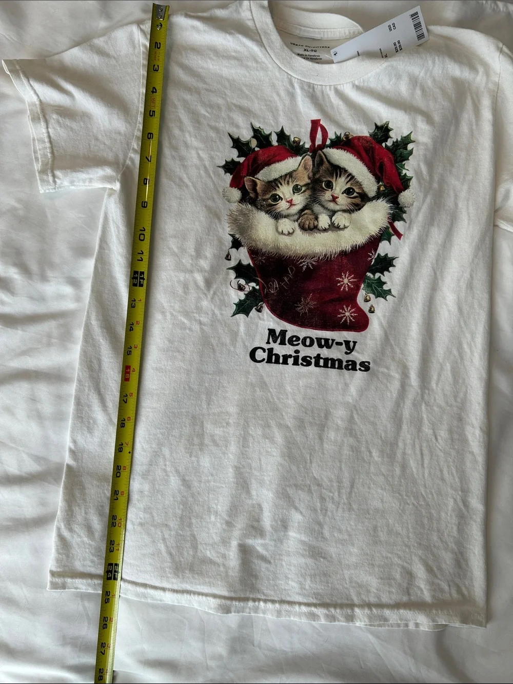 Urban Outfitters White Holiday Cat Tee with Red & Green Kitten Graphic